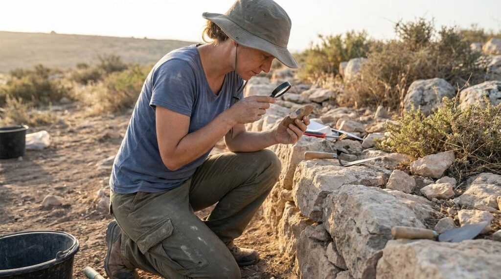 Israeli archaeologist examines ancient artifacts at Gibeath Haaraloth site.