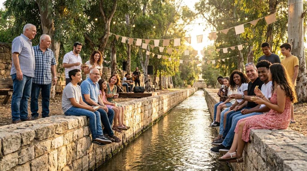 Group of diverse Israeli people celebrating by an ancient canal.
