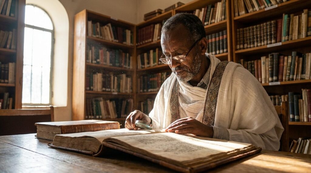 Ethiopian historian in traditional clothing examines ancient manuscripts in library.