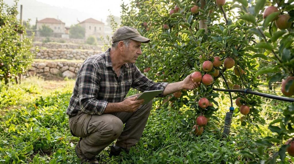 Middle-aged Israeli farmer inspecting apple orchards in Metula.