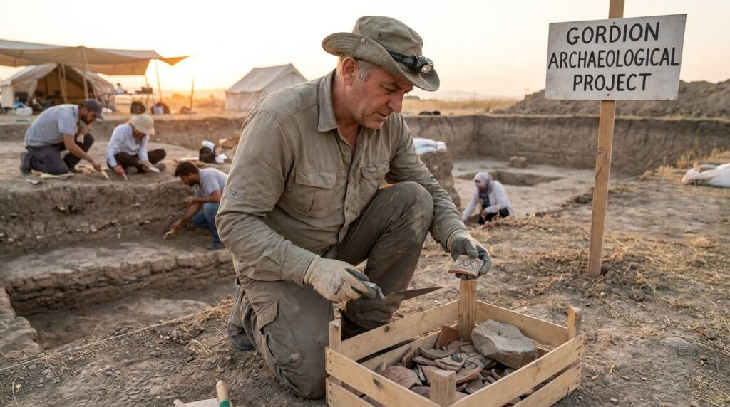Middle-aged archaeologist examines artifacts at Gordion excavation site.