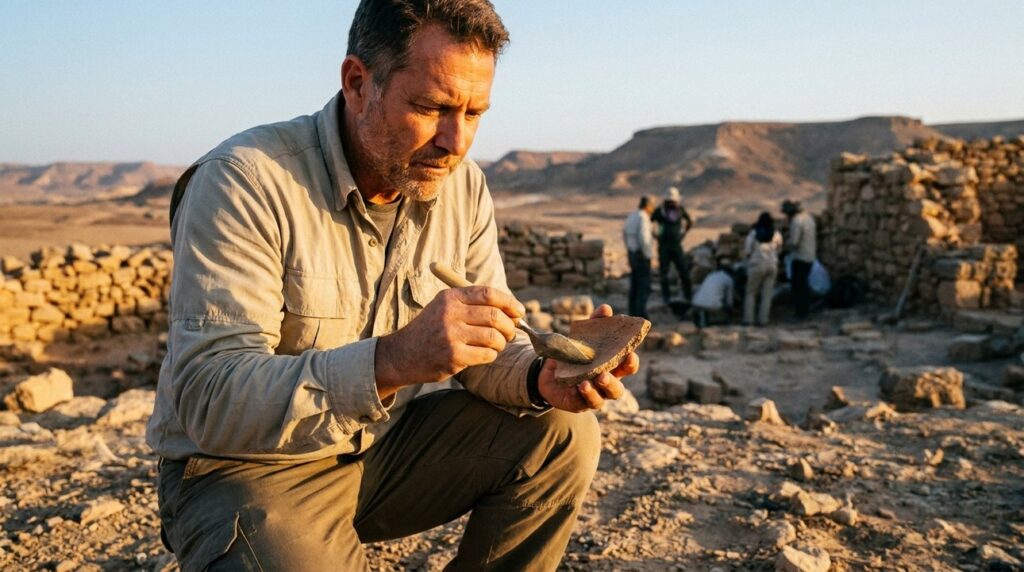 Middle-aged archaeologist examines artifact at Midian site during sunset.