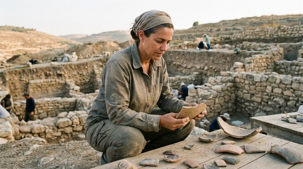 Israeli archaeologist examines pottery shards at Judean dig site.