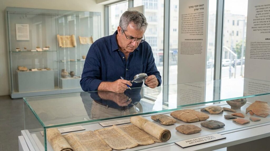 Israeli historian examines Amalek artifacts in a modern museum setting.