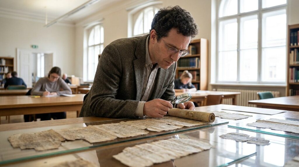 Israeli historian in his 40s examines ancient scrolls in museum.