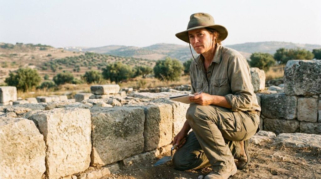 Woman archaeologist examines ancient ruins at Bethel in morning light.