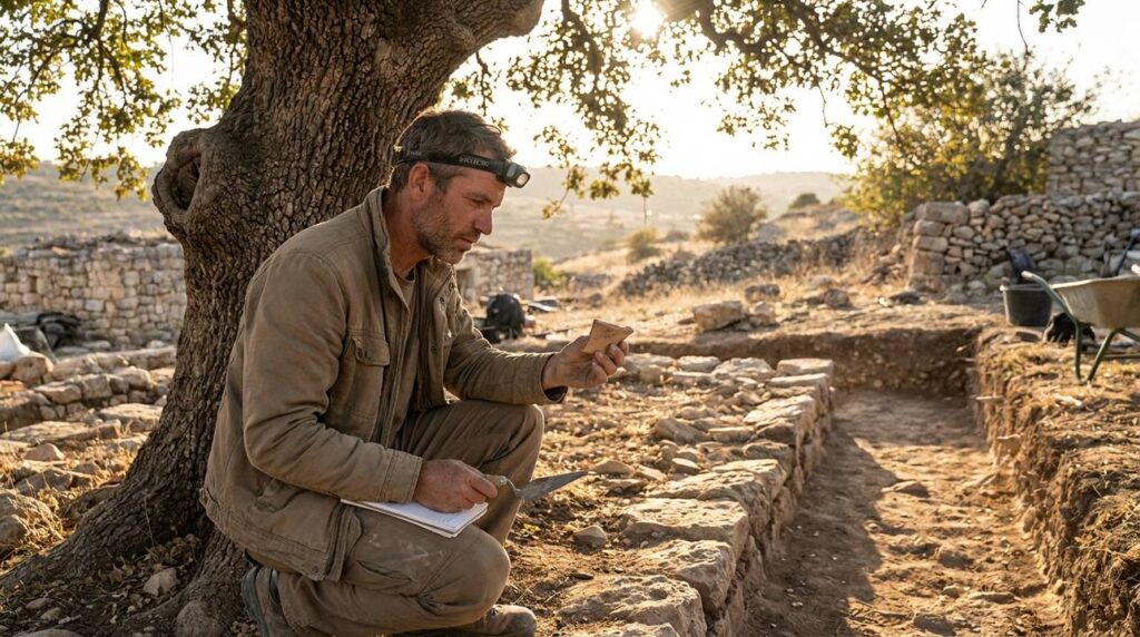 Archaeologist in outdoor gear examines artifact at Ophrah ruins by oak tree.