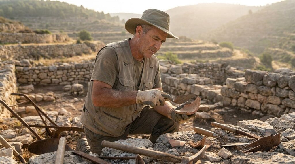 Israeli archaeologist examines ancient ruins in Rephaim Valley at sunrise.