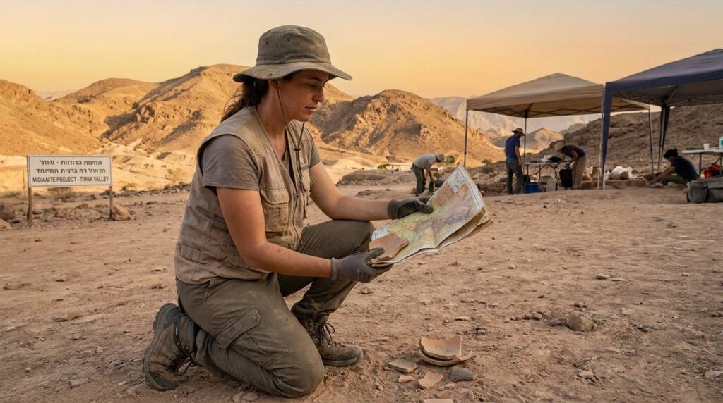 Israeli archaeologist examining artifacts with map at Midianite site.