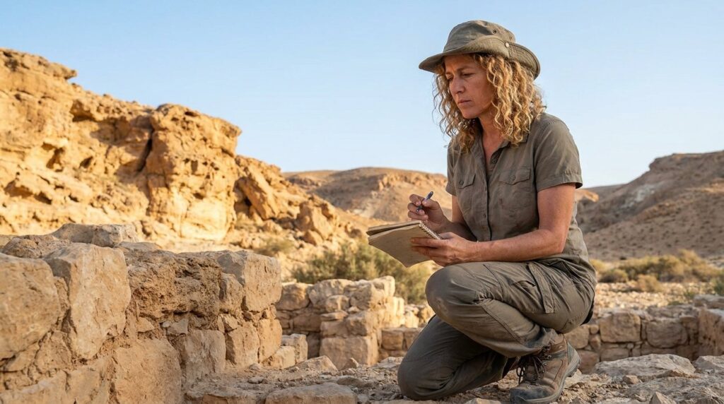 Israeli historian in hiking gear examines ruins in Negev desert.