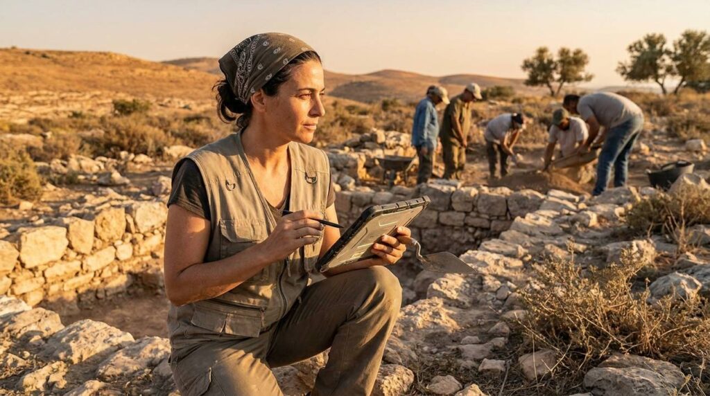 Israeli archaeologist using digital tablet at ancient ruins in Anatot.
