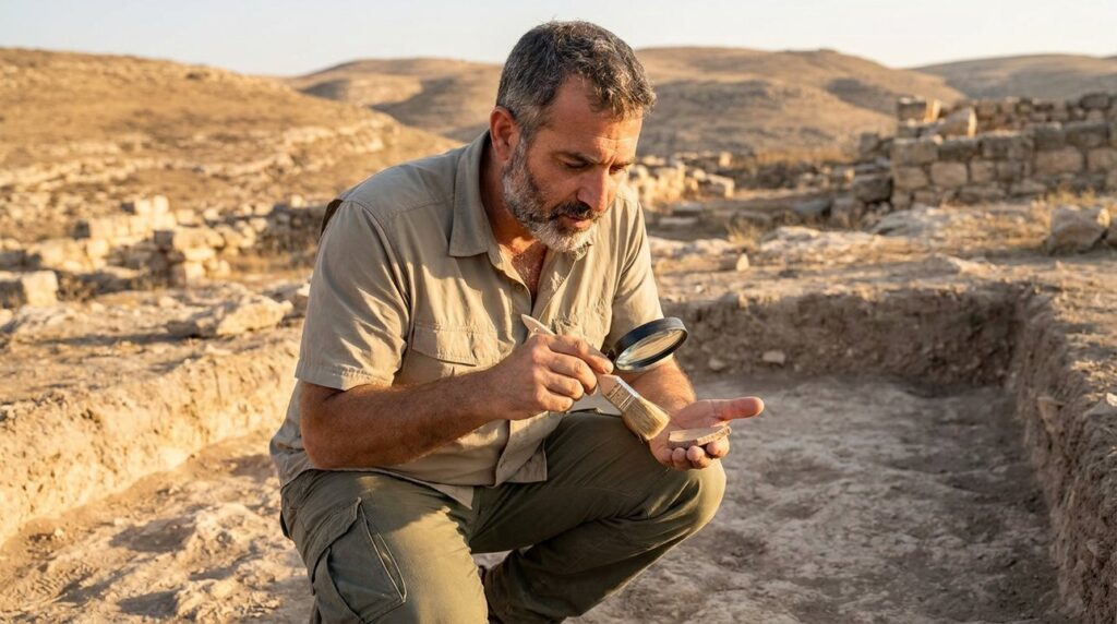 Israeli historian examines artifacts at Lehi, holding brush and magnifying glass.