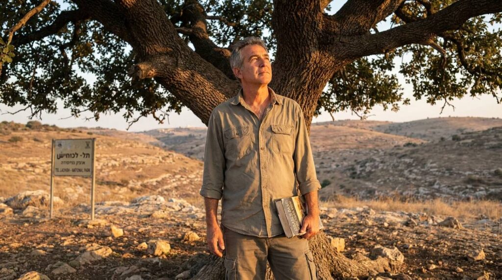Israeli historian reading under an ancient oak tree in Judea.