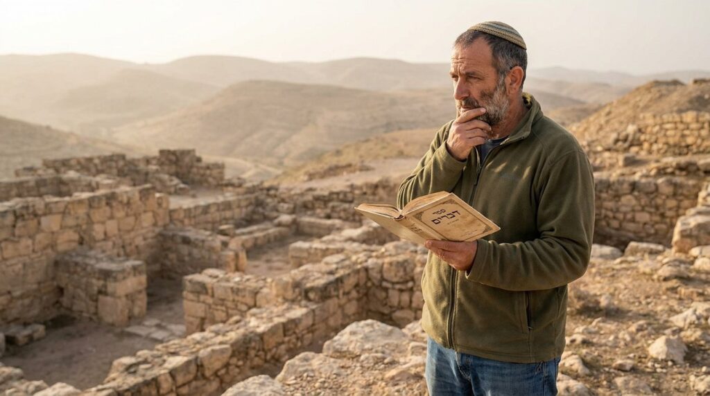 Middle-aged Israeli man holding a book, contemplating ruins at Beth-peor.