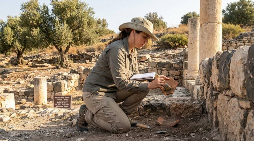 Archaeologist examining ancient ruins in Israel under soft morning light.