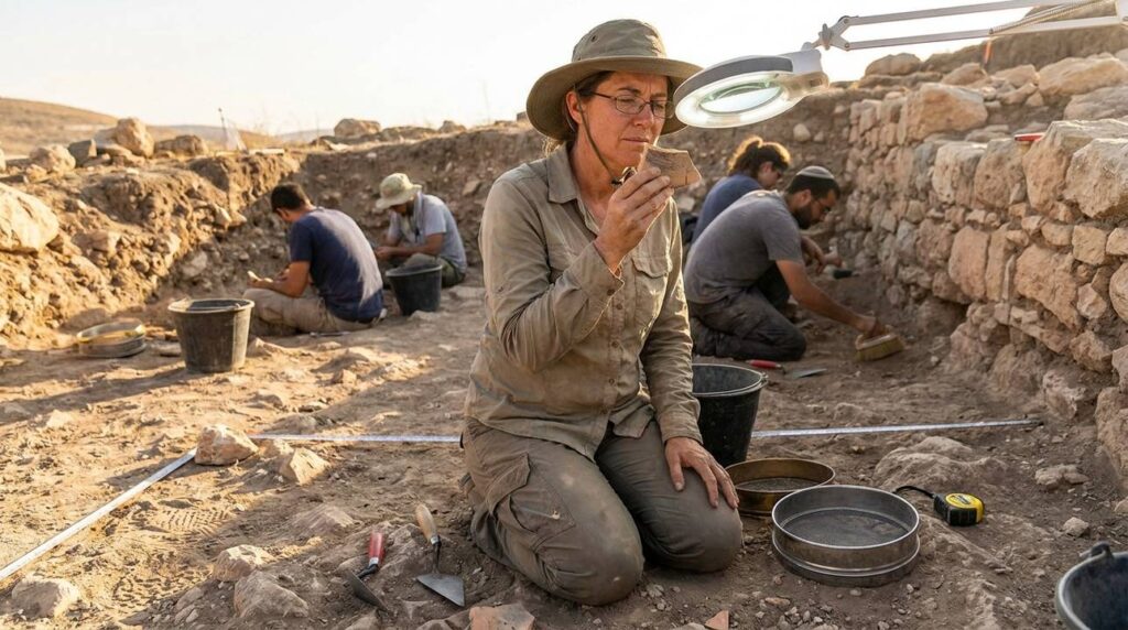 Archaeologist examines pottery fragment at excavation site in Israel.