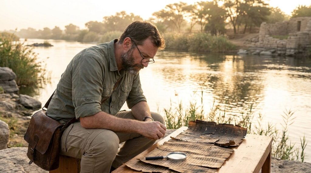 Historian in shirt and pants examines scrolls by a river.