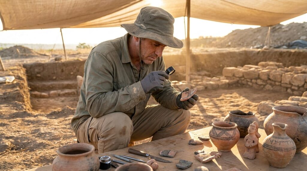 Israeli archaeologist examines artifacts at Ziklag dig site in morning light.