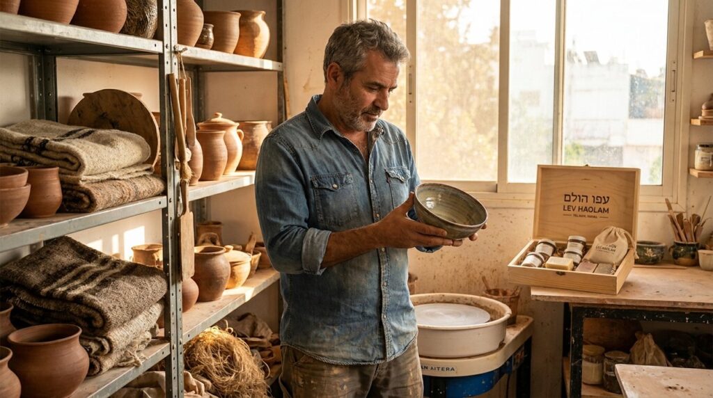Middle-aged Israeli artisan examines pottery in warmly lit workshop.