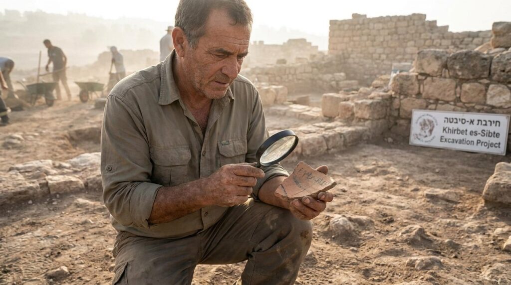 Israeli archaeologist examines ancient pottery at Khirbet es-Sibte excavation site.