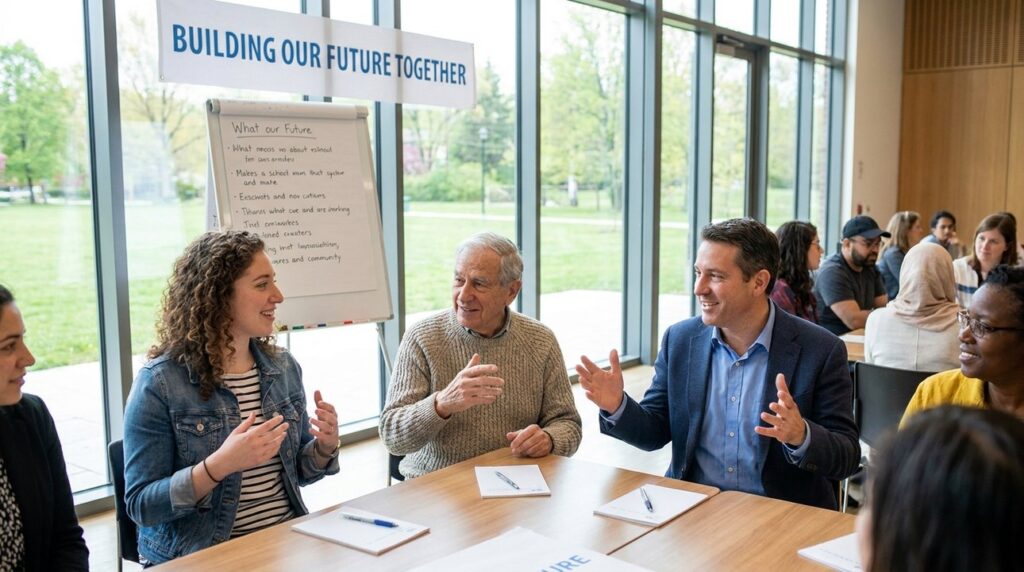 Diverse group discussing actively in a sunny, modern community center.
