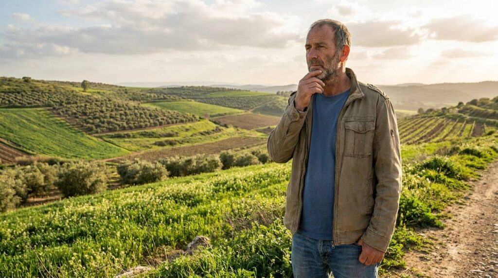 Middle-aged Israeli man in casual clothes admires lush fields.