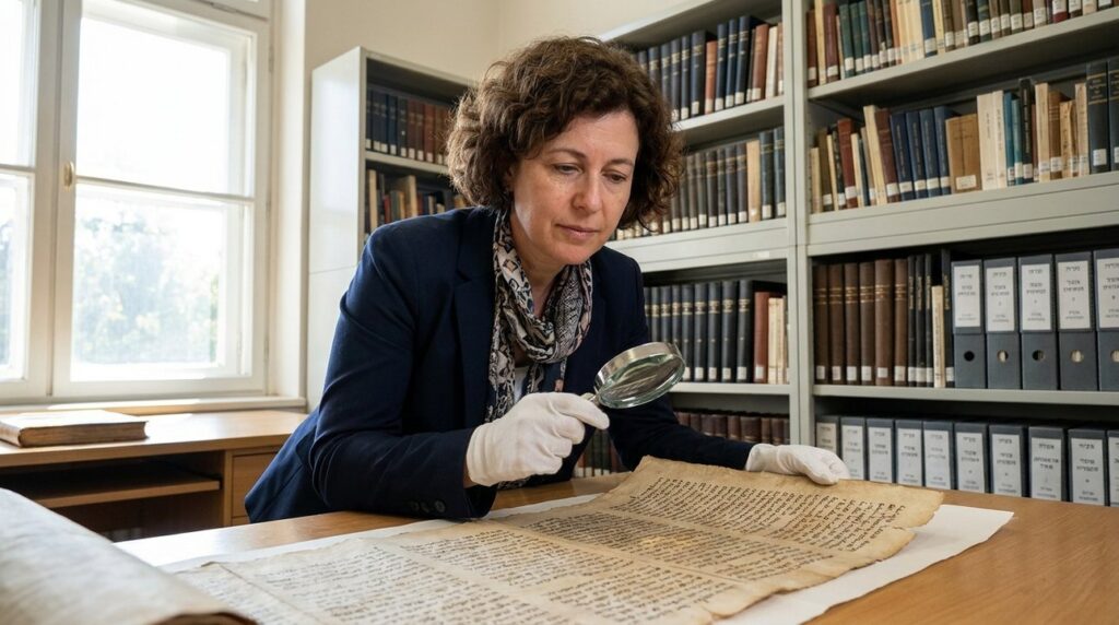 Israeli historian examines ancient manuscripts in a modern archival room.