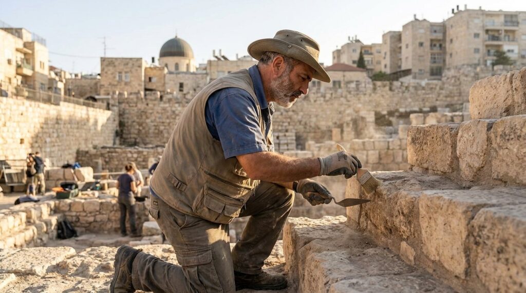 Israeli archaeologist examines ancient stones in Jerusalem, cityscape in background.