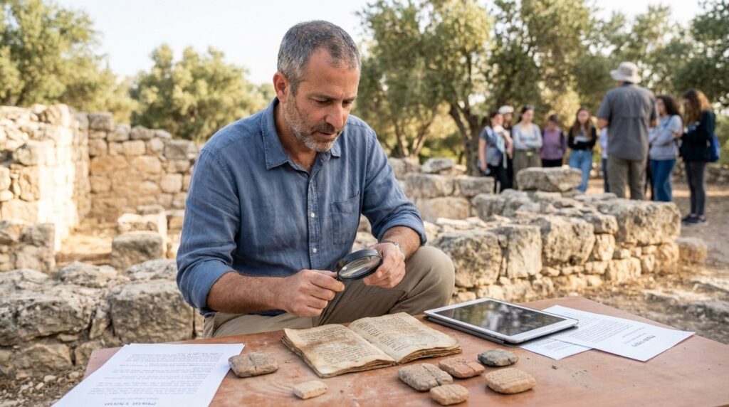 Israeli historian examines ancient manuscripts at outdoor historical site in Israel.