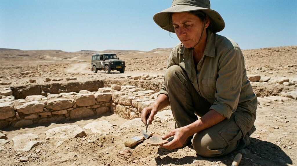 Israeli archaeologist examining ancient ruins in the Negev desert.