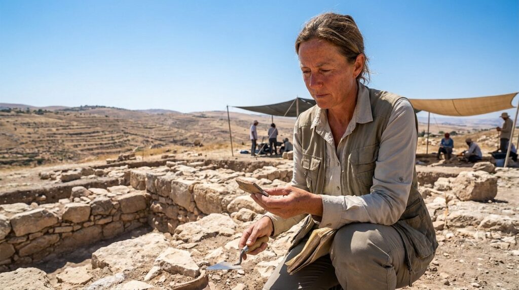 Archaeologist examining ancient ruins at Heshbon with tools and notebook.