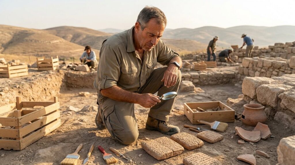 Israeli archaeologist examines stone tablets at an archaeological site in Israel.