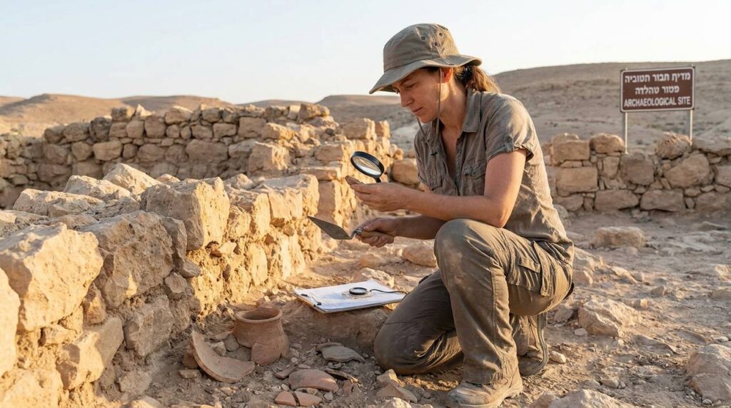 Israeli archaeologist examines ancient ruins in the Negev desert.