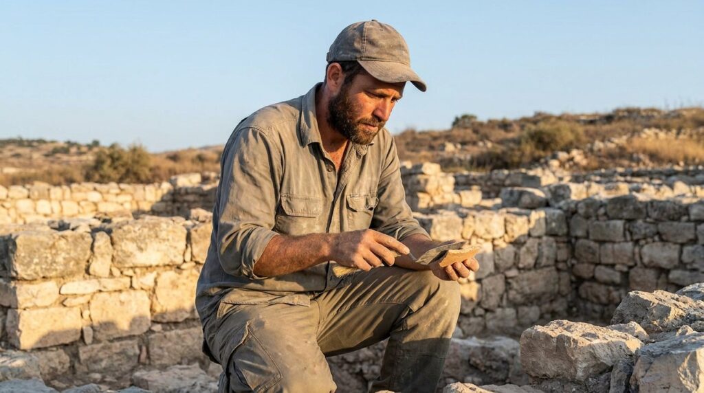Israeli archaeologist examines ancient ruins at Bethel in morning light.