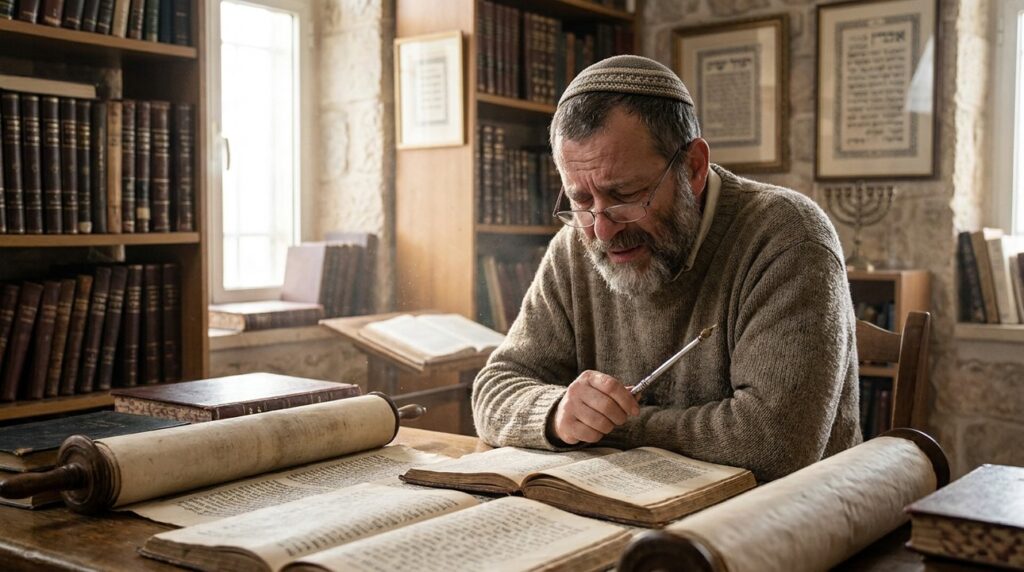 Middle-aged Jewish man studying texts at desk surrounded by books.