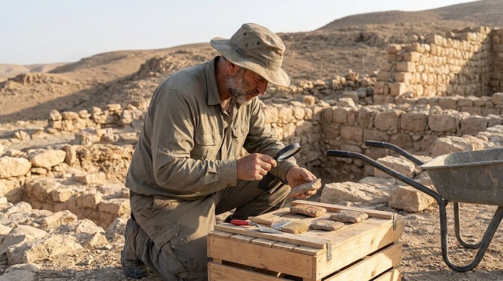 Archaeologist examines ancient tablets at excavation site.