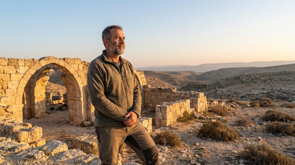 Middle-aged Israeli man standing near Achor ruins in morning light.