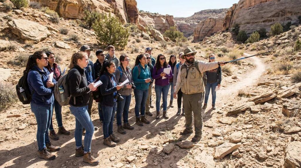 University students listen to a guide in rocky Akrabbim terrain.