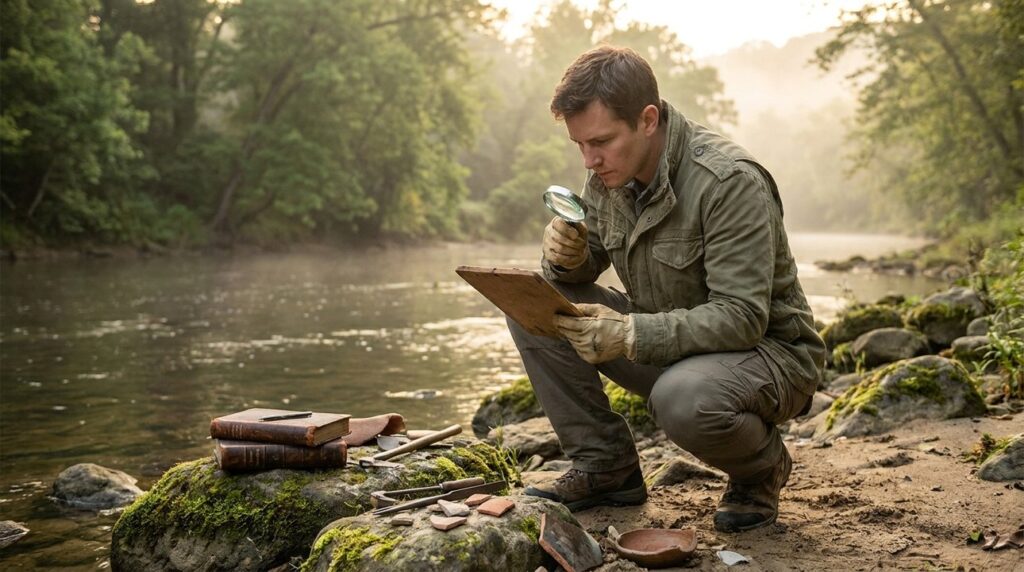 Scholar in casual clothes examines artifacts by a lush riverside.