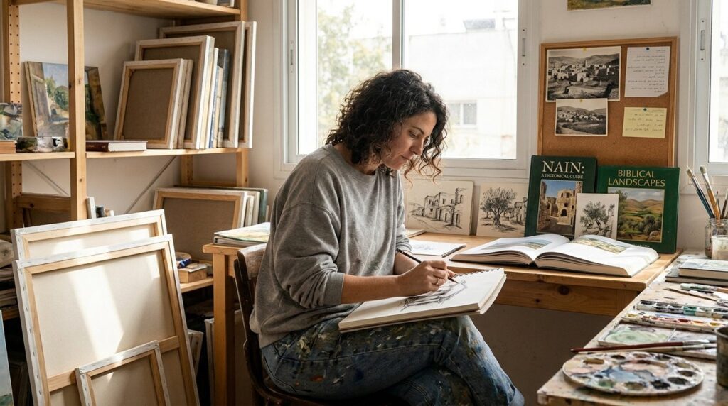 Israeli artist sketches in studio surrounded by Nain-themed artworks.