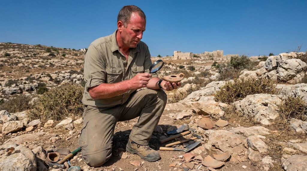 Israeli archaeologist examines artifacts at Mikmash, Bethel visible in distance.