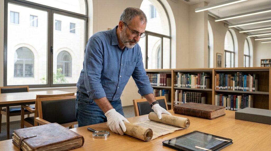 Middle-aged Israeli historian examines ancient scrolls and tablets in library.