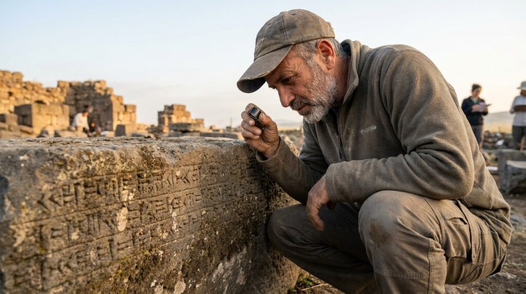 Israeli archaeologist examines ancient stone inscriptions in soft morning light.