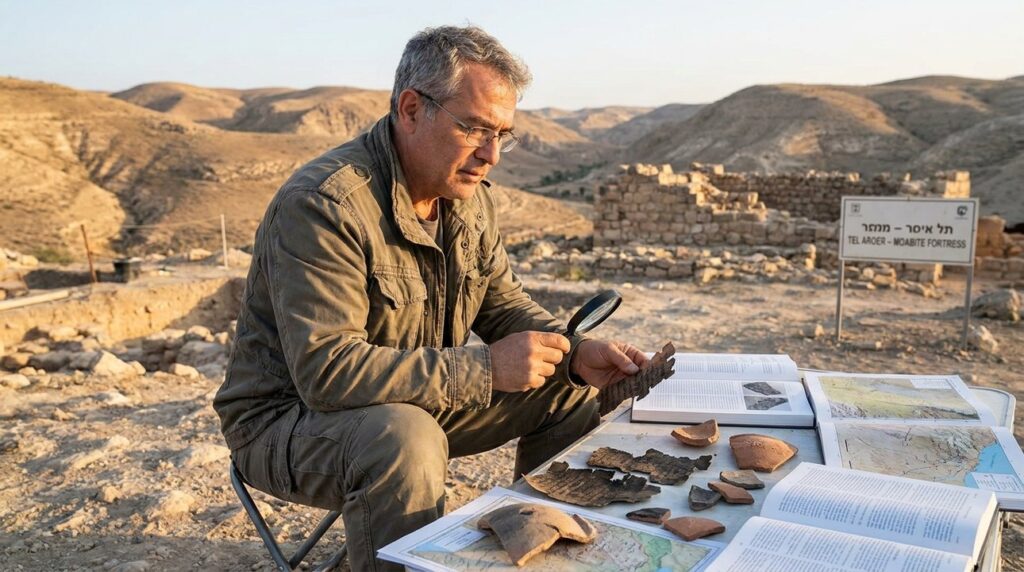 Israeli historian examines ancient texts and artifacts at Moab archaeological site.