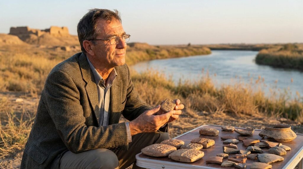 Israeli historian examines artifacts near River Chebar at sunset.