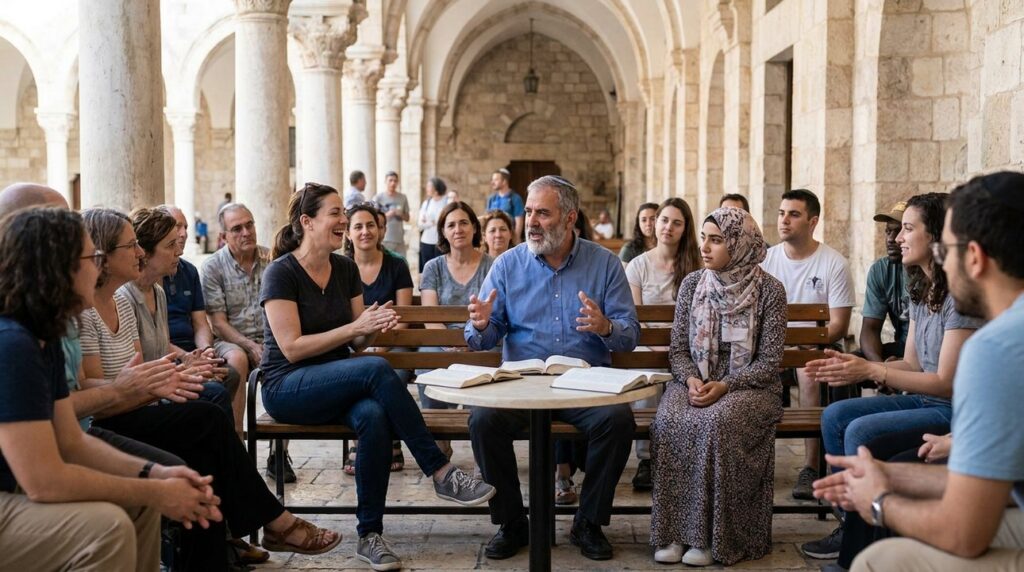Diverse group discussing peacefully at Solomon's Portico in Jerusalem.