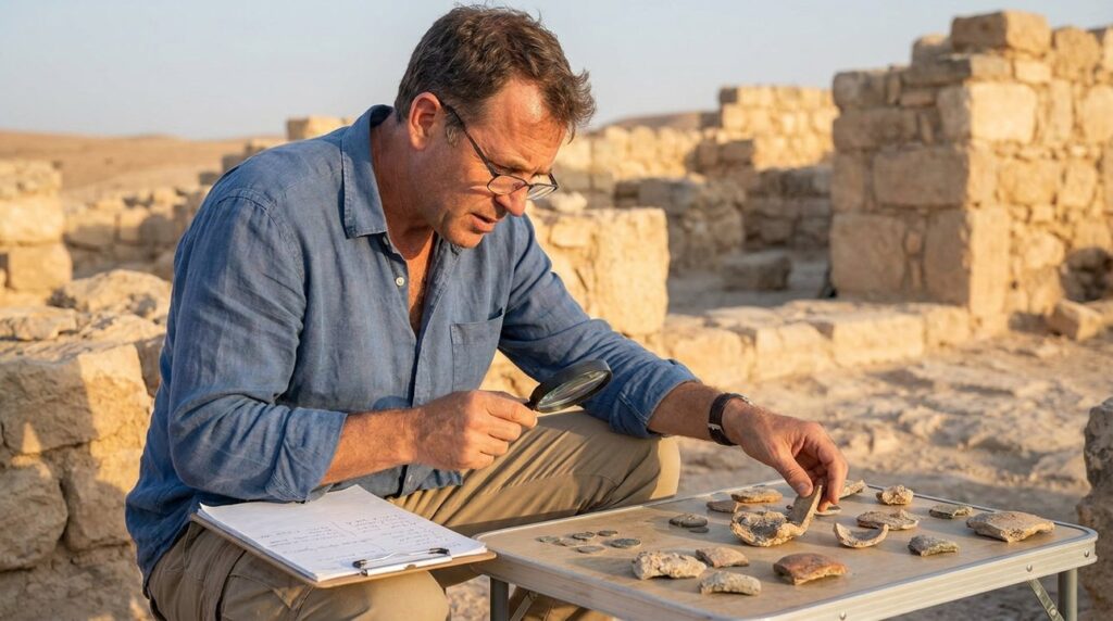 Israeli historian examines Jewish Revolt artifacts at archaeological site.