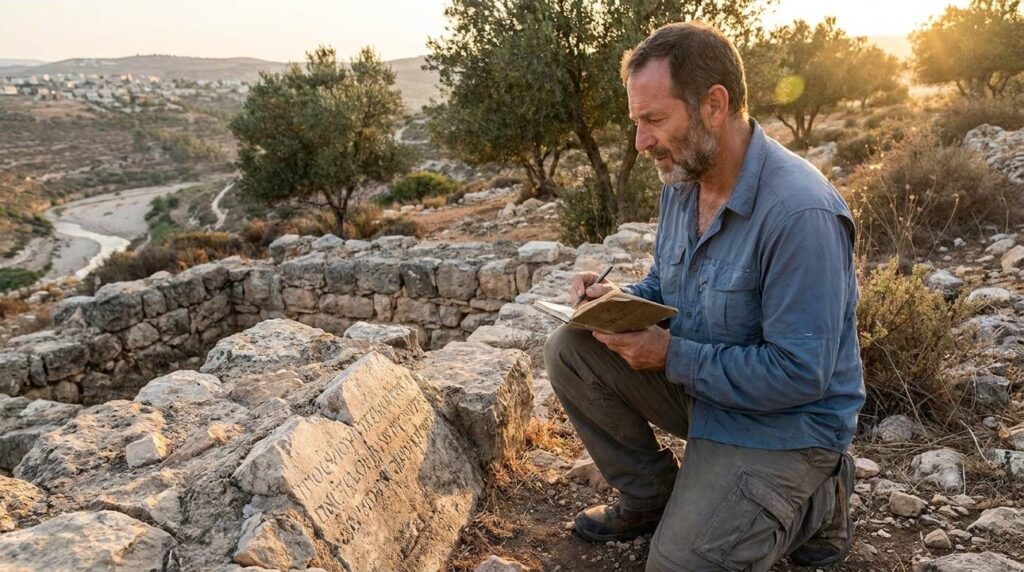 Middle-aged Israeli historian examining ancient ruins on a mountain.