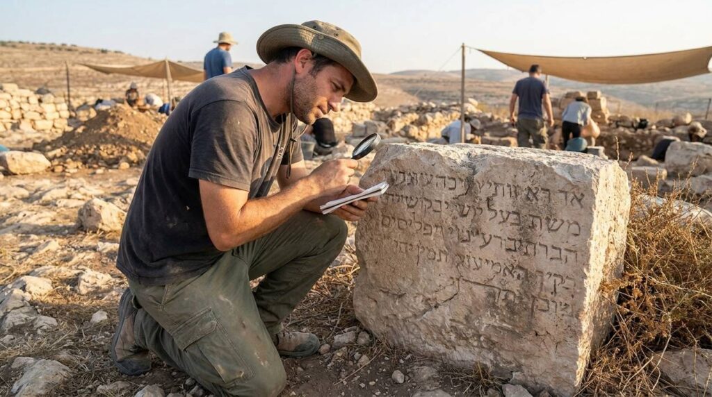 Israeli archeologist examines ancient inscriptions at Hezron in morning light.