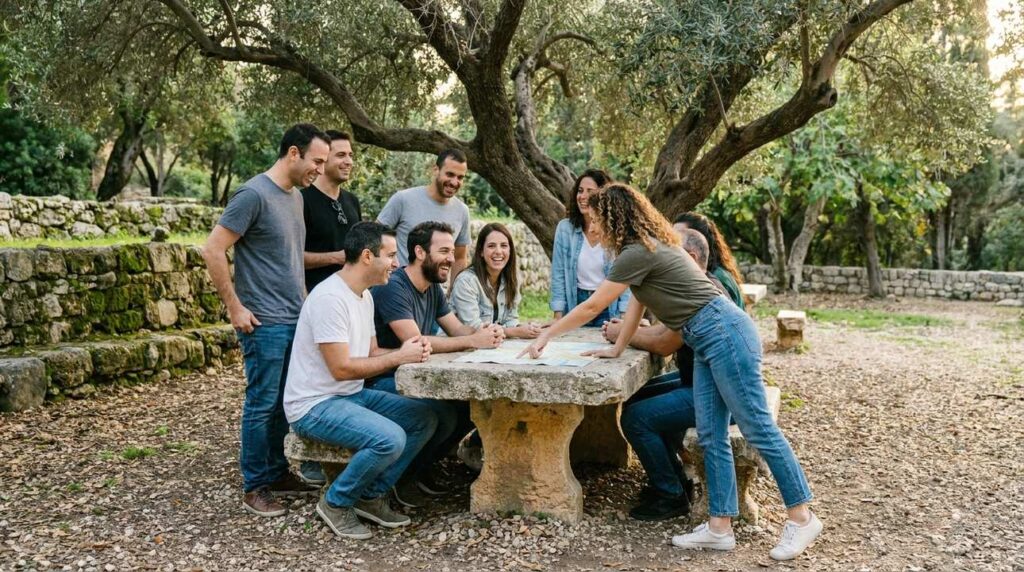 Israeli men and women in casual clothes discuss around stone table under olive tree.